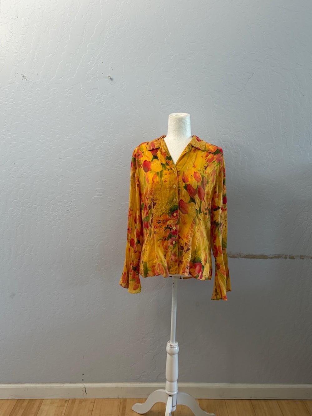 Tianello Yellow Floral Button-Front Blouse with Red Accents